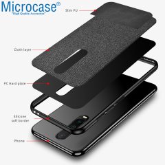 Microcase Xiaomi Redmi K30 Fabrik Serisi Kumaş ve Deri Desen Kılıf - Siyah + Tempered Glass Cam Koruma