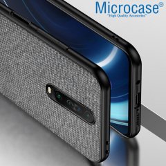 Microcase Xiaomi Redmi K30 Fabrik Serisi Kumaş ve Deri Desen Kılıf - Gri + Tempered Glass Cam Koruma