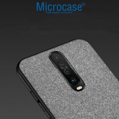Microcase Xiaomi Redmi K30 Fabrik Serisi Kumaş ve Deri Desen Kılıf - Gri + Tempered Glass Cam Koruma