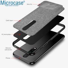 Microcase Xiaomi Redmi K30 Fabrik Serisi Kumaş ve Deri Desen Kılıf - Gri + Tempered Glass Cam Koruma