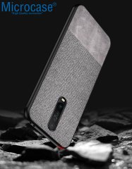 Microcase Xiaomi Redmi K30 Fabrik Serisi Kumaş ve Deri Desen Kılıf - Gri + Tempered Glass Cam Koruma
