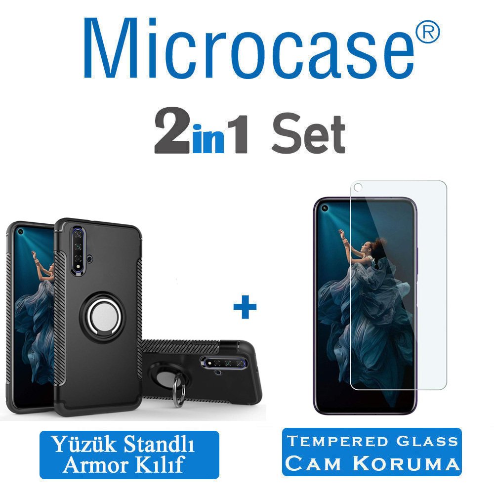 Microcase Huawei Honor 20 - Nova 5T Yüzük Standlı Armor Silikon Kılıf + Tempered Glass Cam Koruma