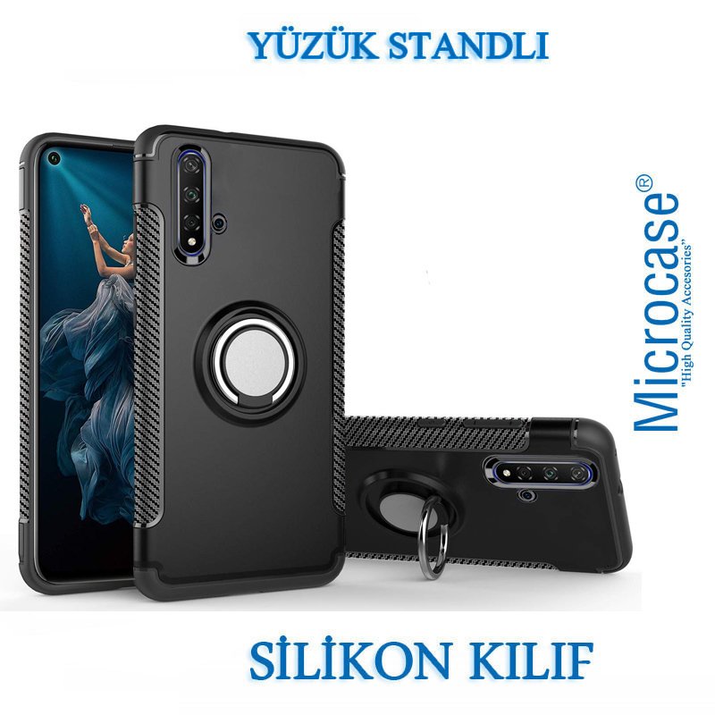 Microcase Huawei Honor 20 - Nova 5T Yüzük Standlı Armor Silikon Kılıf - Siyah