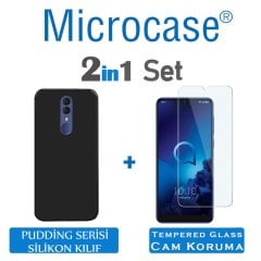 Microcase Alcatel 3 2019 Pudding TPU Serisi Silikon Kılıf - Siyah + Tempered Glass Cam Koruma