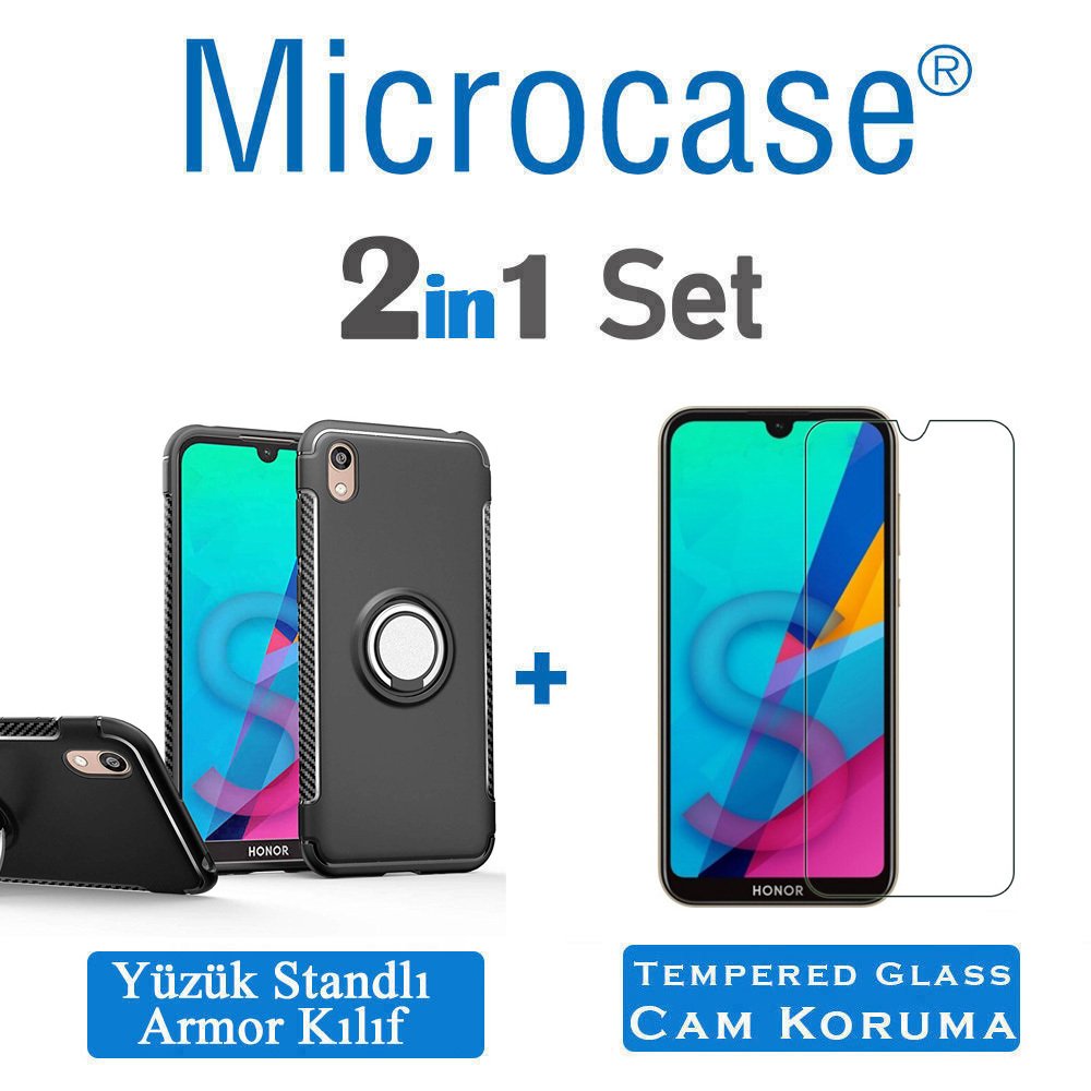 Microcase Huawei Honor 8S Yüzük Standlı Armor Silikon Kılıf - Siyah + Tempered Glass Cam Koruma