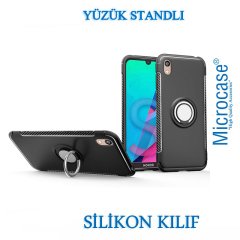 Microcase Huawei Honor 8S Yüzük Standlı Armor Silikon Kılıf - Siyah + Tempered Glass Cam Koruma