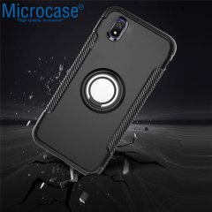 Microcase Huawei Honor 8S Yüzük Standlı Armor Silikon Kılıf - Siyah + Tempered Glass Cam Koruma