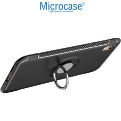 Microcase Huawei Honor 8S Yüzük Standlı Armor Silikon Kılıf - Siyah + Tempered Glass Cam Koruma