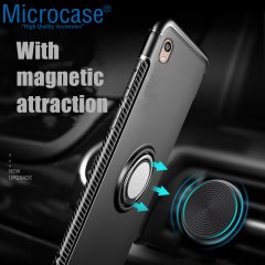 Microcase Huawei Honor 8S Yüzük Standlı Armor Silikon Kılıf - Siyah + Tempered Glass Cam Koruma