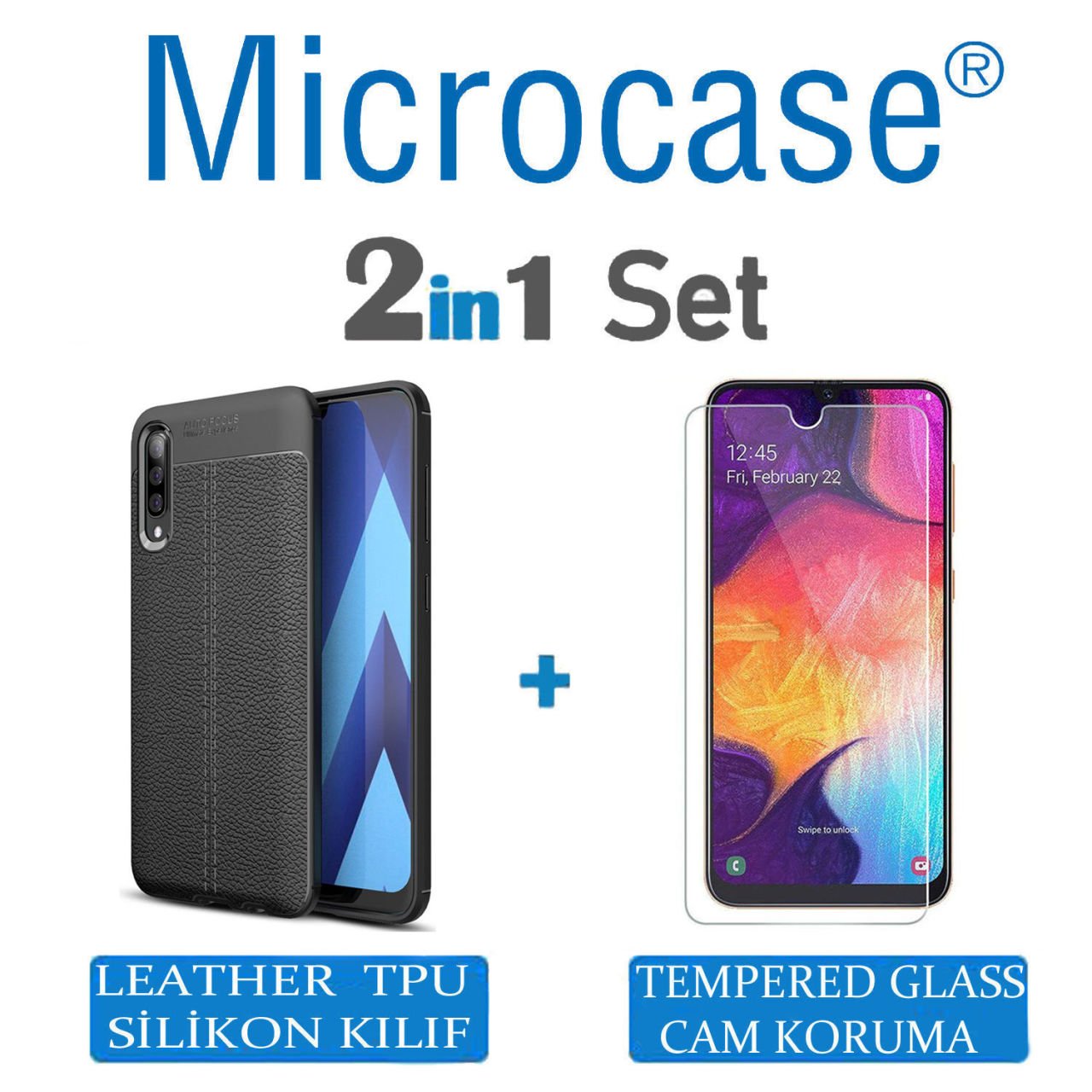 Microcase Samsung Galaxy A50 Leather Tpu Silikon Kılıf - Siyah + Tempered Glass Cam Koruma (SEÇENEKLİ)