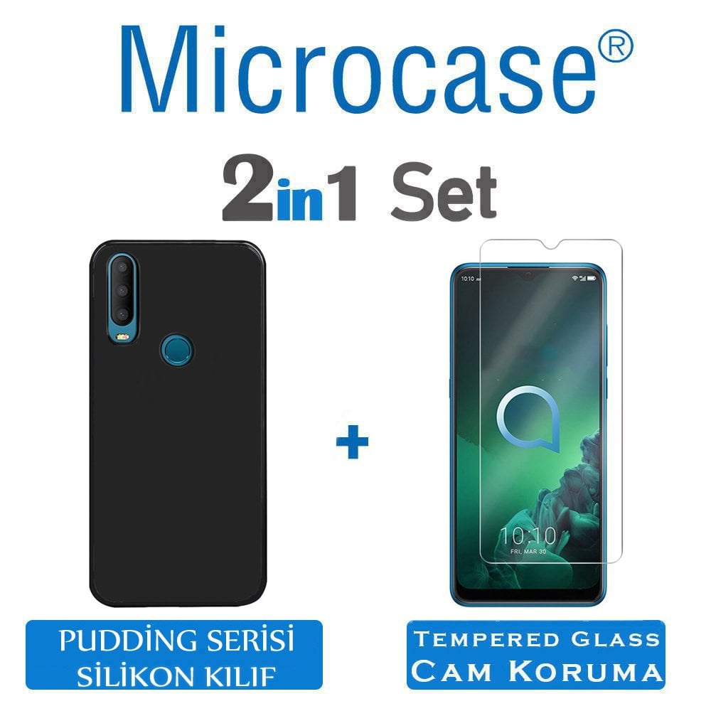 Microcase Alcatel 3x 2019 Pudding TPU Serisi Silikon Kılıf - Siyah + Tempered Glass Cam Koruma