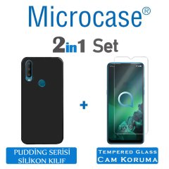 Microcase Alcatel 3x 2019 Pudding TPU Serisi Silikon Kılıf - Siyah + Tempered Glass Cam Koruma