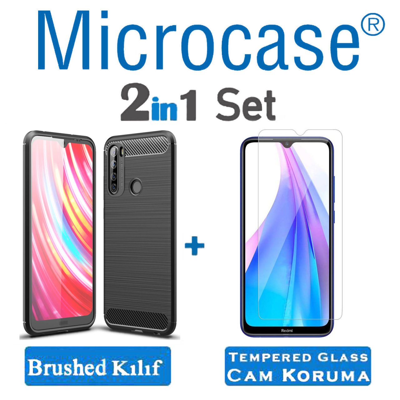 Microcase Xiaomi Redmi Note 8T Brushed Carbon Fiber Silikon Kılıf - Siyah + Tempered Glass Cam Koruma