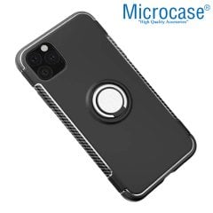 Microcase iPhone 11 Pro Max Yüzük Standlı Armor Silikon Kılıf - Siyah + Tempered Glass Cam Koruma