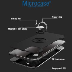 Microcase iPhone 11 Pro Max Yüzük Standlı Armor Silikon Kılıf - Siyah + Tempered Glass Cam Koruma