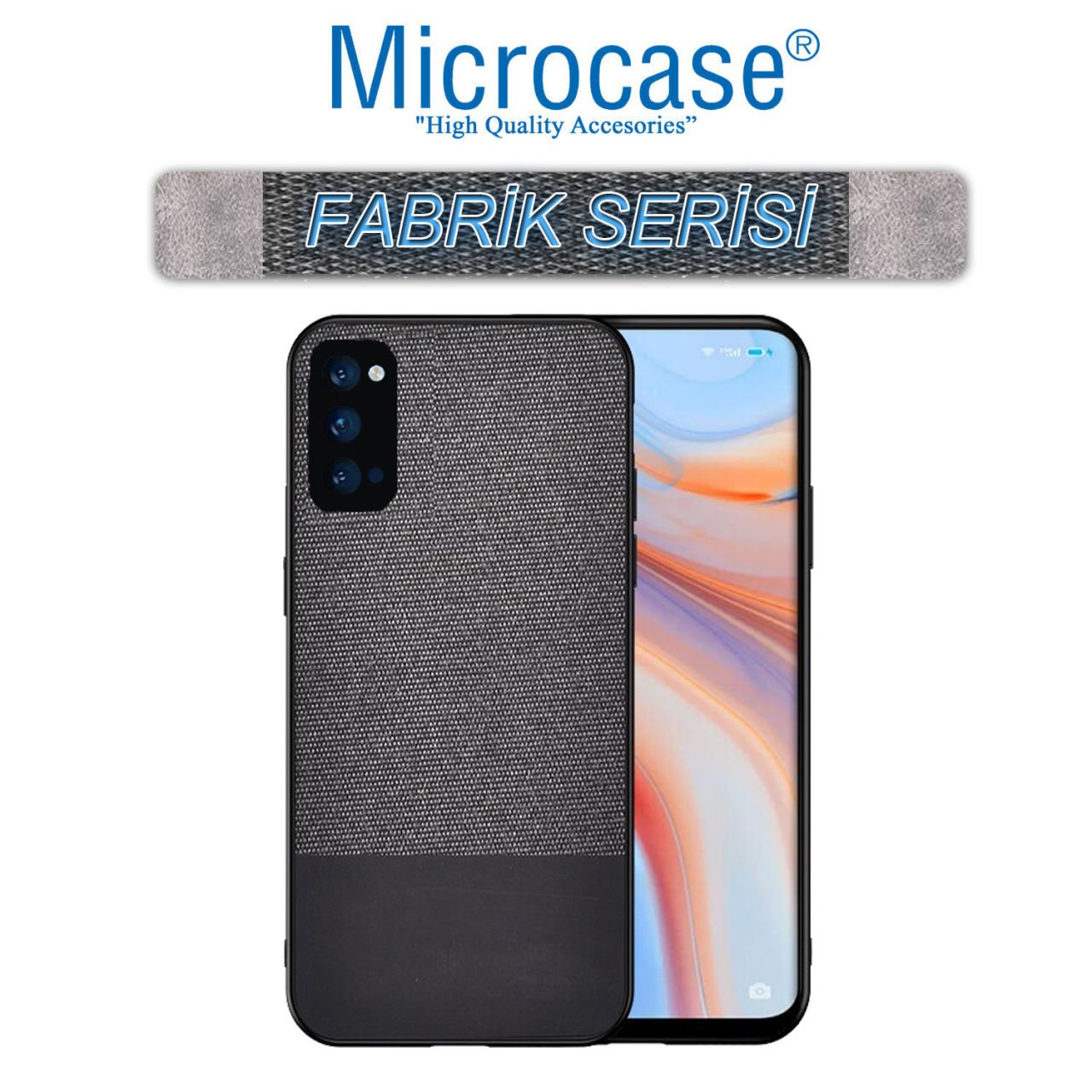 Microcase Oppo Reno 4 4G Fabrik Serisi Kumaş ve Deri Desen Kılıf - Siyah