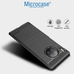 Microcase Huawei Mate 30 Pro Brushed Carbon Fiber Silikon Kılıf - Siyah + 3D Curved Tempered Cam