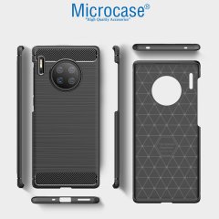 Microcase Huawei Mate 30 Pro Brushed Carbon Fiber Silikon Kılıf - Siyah + 3D Curved Tempered Cam