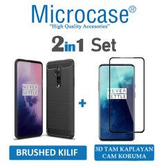Microcase OnePlus 7T Pro Brushed Carbon Fiber Silikon Kılıf - Siyah + 3D Curved Tempered Cam Koruma