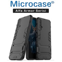 Microcase Huawei Honor 20 - Nova 5T Alfa Serisi Armor Standlı Perfect Koruma Kılıf - Siyah + Tempered Glass Cam Koruma