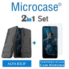Microcase Huawei Honor 20 - Nova 5T Alfa Serisi Armor Standlı Perfect Koruma Kılıf - Siyah + Tempered Glass Cam Koruma