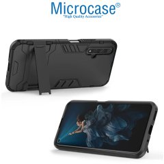 Microcase Huawei Honor 20 - Nova 5T Alfa Serisi Armor Standlı Perfect Koruma Kılıf - Siyah + Tempered Glass Cam Koruma