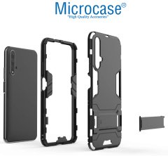 Microcase Huawei Honor 20 - Nova 5T Alfa Serisi Armor Standlı Perfect Koruma Kılıf - Siyah + Tempered Glass Cam Koruma