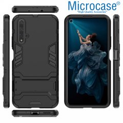 Microcase Huawei Honor 20 - Nova 5T Alfa Serisi Armor Standlı Perfect Koruma Kılıf - Siyah + Tempered Glass Cam Koruma