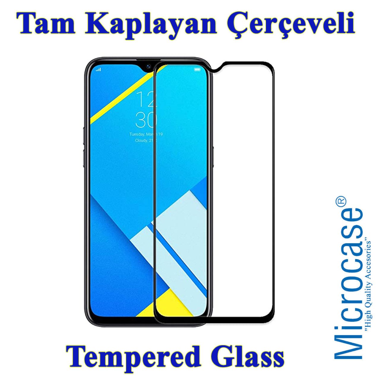 Microcase Realme C2 Tam Kaplayan Çerçeveli Tempered Ekran Koruyucu - Siyah