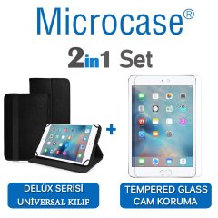 Microcase iPad Mini 4 Delüx Serisi Universal Standlı Deri Kılıf - Siyah + Tempered Glass Cam Koruma