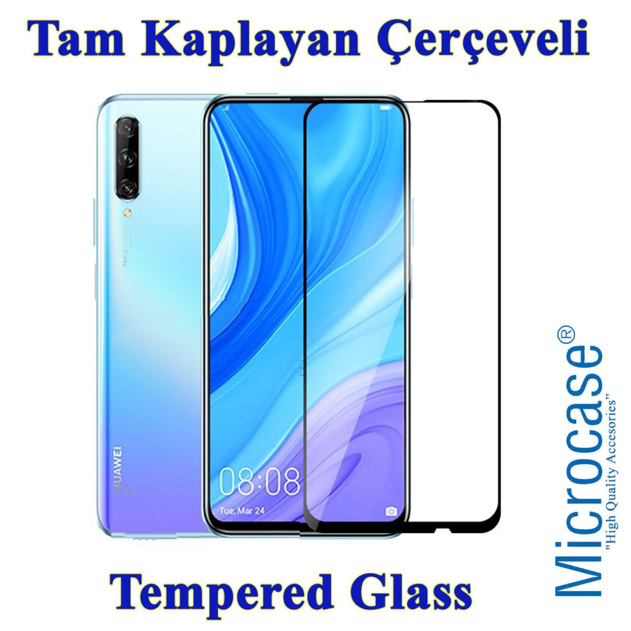 Microcase Huawei P Smart Pro 2019 Tam Kaplayan Çerçeveli Tempered Ekran Koruyucu - Siyah