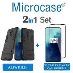 Microcase OnePlus 7T Pro Alfa Armor Standlı Perfect Koruma Kılıf - Siyah + 3D Curved Tempered Cam Koruma