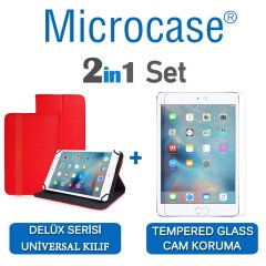 Microcase iPad Mini 4 Delüx Serisi Universal Standlı Deri Kılıf - Kırmızı + Tempered Glass Cam Koruma