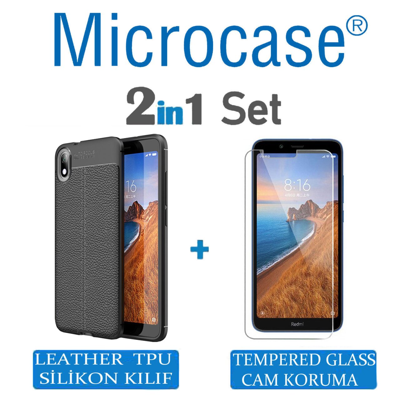 Microcase Xiaomi Redmi 7A Leather Tpu Silikon Kılıf - Siyah + Tempered Glass Cam Koruma (SEÇENEKLİ)