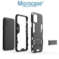 Microcase iPhone 11 Pro Alfa Serisi Armor Standlı Perfect Koruma Kılıf - Siyah + Tempered Glass Cam Koruma