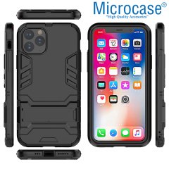 Microcase iPhone 11 Pro Alfa Serisi Armor Standlı Perfect Koruma Kılıf - Siyah + Tempered Glass Cam Koruma