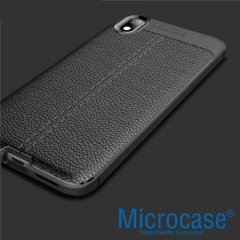 Microcase Xiaomi Redmi 7A Leather Tpu Silikon Kılıf - Siyah + Tempered Glass Cam Koruma (SEÇENEKLİ)