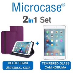 Microcase iPad Mini 4 Delüx Serisi Universal Standlı Deri Kılıf - Mor + Tempered Glass Cam Koruma