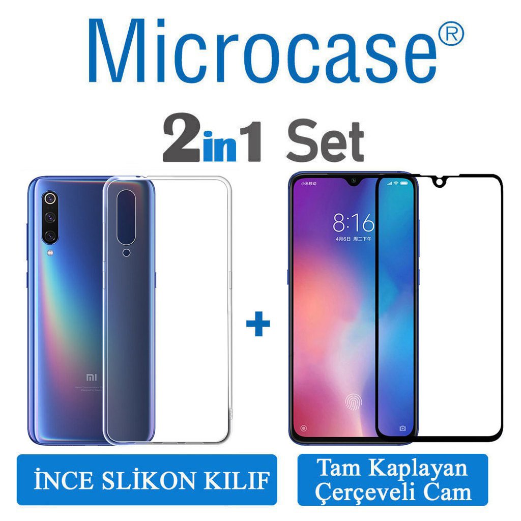 Xiaomi Mi 9 SE 0.2 mm İnce Silikon Kılıf + Tam Kaplayan Cam