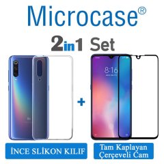 Xiaomi Mi 9 SE 0.2 mm İnce Silikon Kılıf + Tam Kaplayan Cam