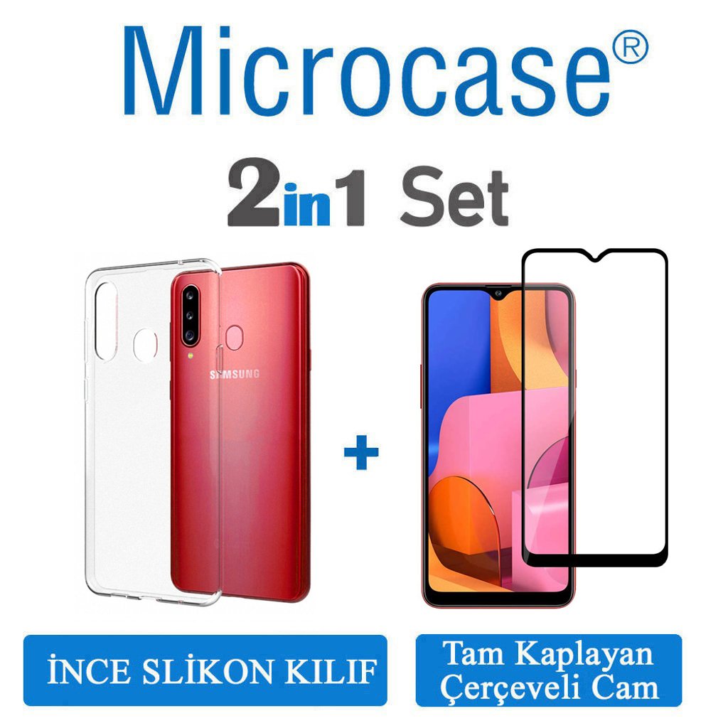 Microcase Samsung Galaxy A20s Ultra İnce 0.2 mm Soft Silikon Kılıf + Tam Kaplayan Çerçeveli Cam