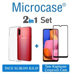 Microcase Samsung Galaxy A20s Ultra İnce 0.2 mm Soft Silikon Kılıf + Tam Kaplayan Çerçeveli Cam