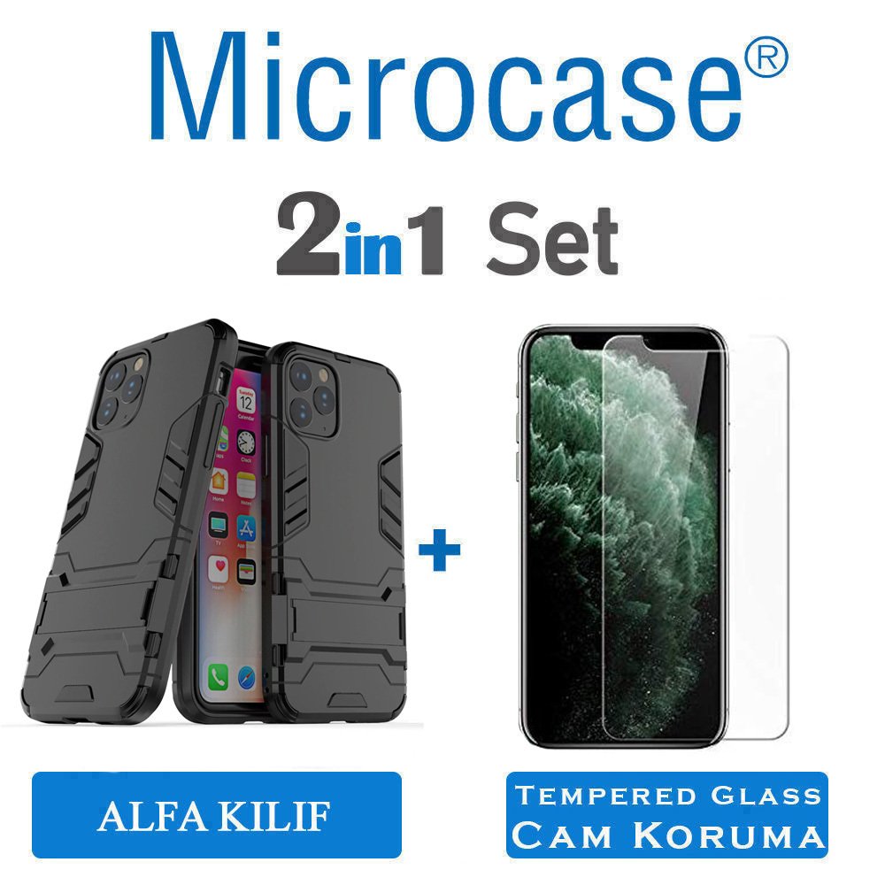Microcase iPhone 11 Pro Max Alfa Serisi Armor Standlı Perfect Koruma Kılıf - Siyah + Tempered Glass Cam Koruma