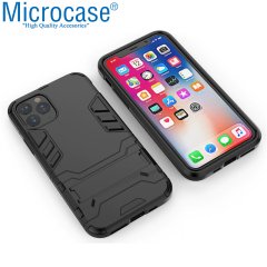 Microcase iPhone 11 Pro Max Alfa Serisi Armor Standlı Perfect Koruma Kılıf - Siyah + Tempered Glass Cam Koruma