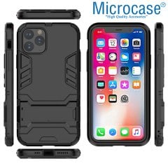 Microcase iPhone 11 Pro Max Alfa Serisi Armor Standlı Perfect Koruma Kılıf - Siyah + Tempered Glass Cam Koruma