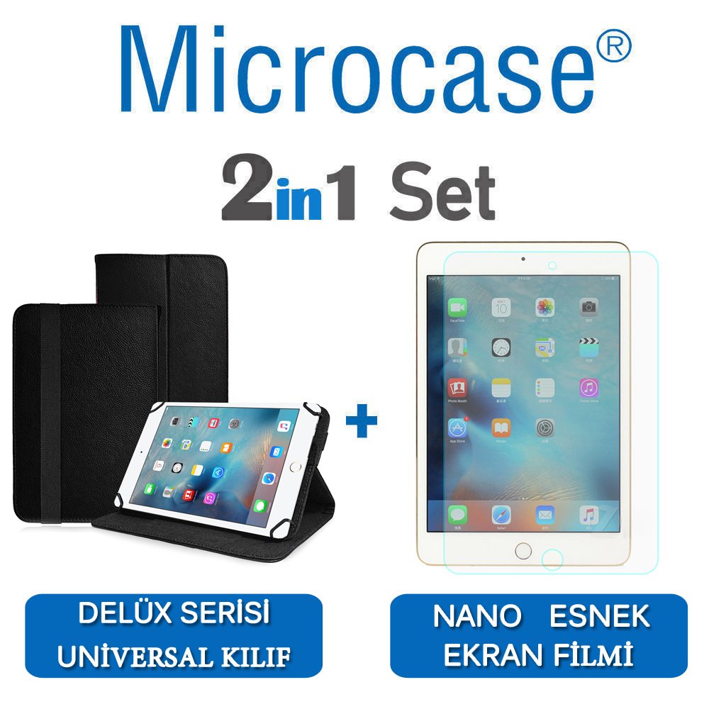 Microcase iPad Mini 4 Delüx Serisi Universal Standlı Deri Kılıf - Siyah + Nano Esnek Ekran Koruma Filmi