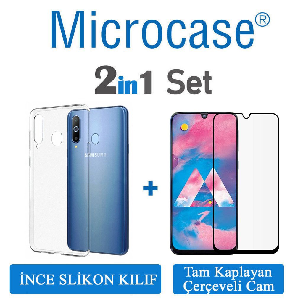 Microcase Samsung Galaxy A40s Ultra İnce 0.2 mm Soft Silikon Kılıf + Tam Kaplayan Çerçeveli Cam