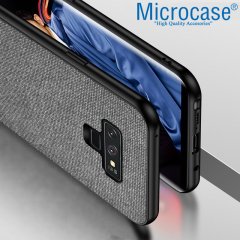 Microcase Samsung Galaxy S10 Plus Fabrik Serisi Kumaş ve Deri Desen Kılıf - Gri