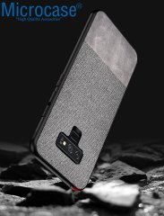 Microcase Samsung Galaxy S10 Plus Fabrik Serisi Kumaş ve Deri Desen Kılıf - Gri
