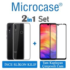 Xiaomi Redmi Note 7 0.2 mm İnce Silikon Kılıf + Tam Kaplayan Cam